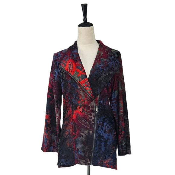 Calessa Velour Print Burnout Knit Draped Asymmetric Zip Front Cardigan - Picture 1 of 13
